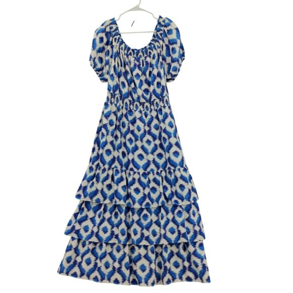 Knox Rose Women Peasant Cottage Romantic Tiered Smocked Maxi Dress L Blue Ikat